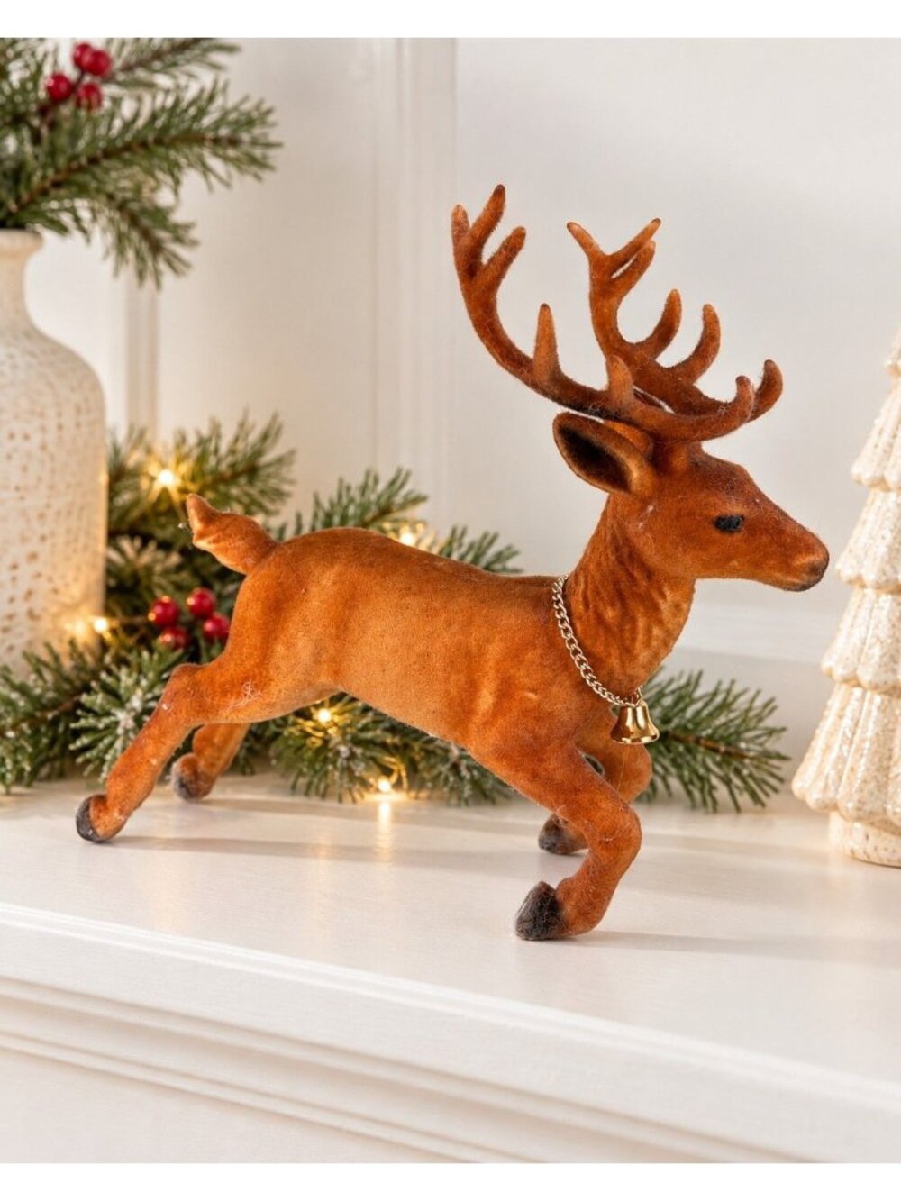 Vintage Flocked Leaping Reindeer Christmas Figurine Gold Bell 8 Inch
